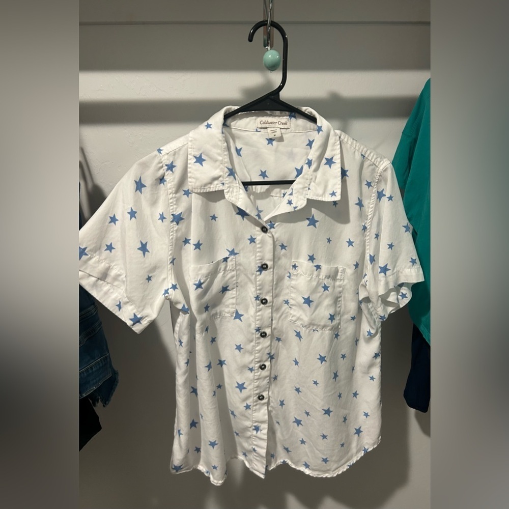 Coldwater Creek White Blouse with Blue Stars